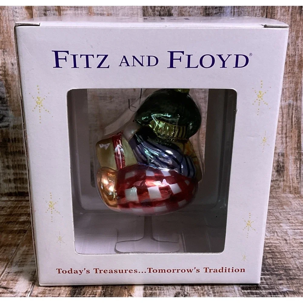 Fitz and Floyd Glass Ornament Little Snow Boy With Present Tree Decoration